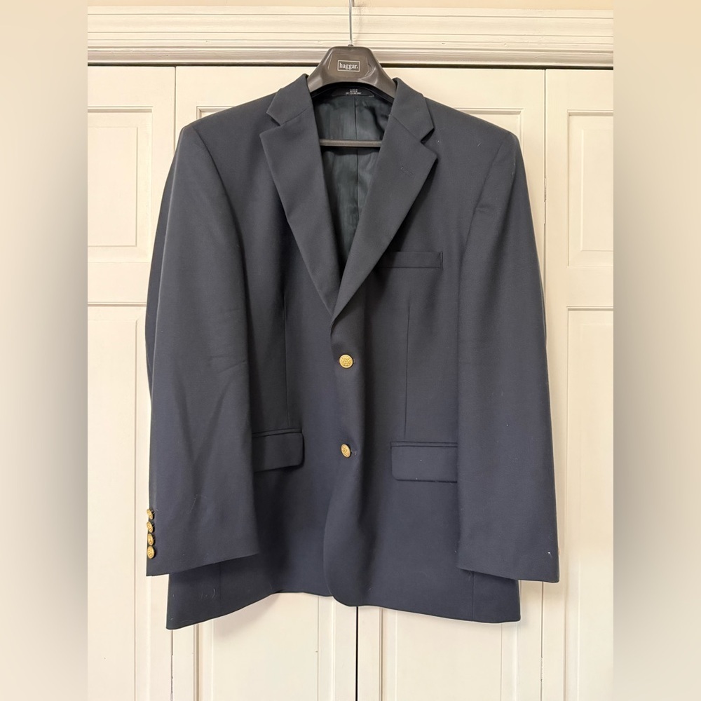 Haggar Black Label Classic Navy Blazer with Gold Buttons Men’s 44R Worsted Wool